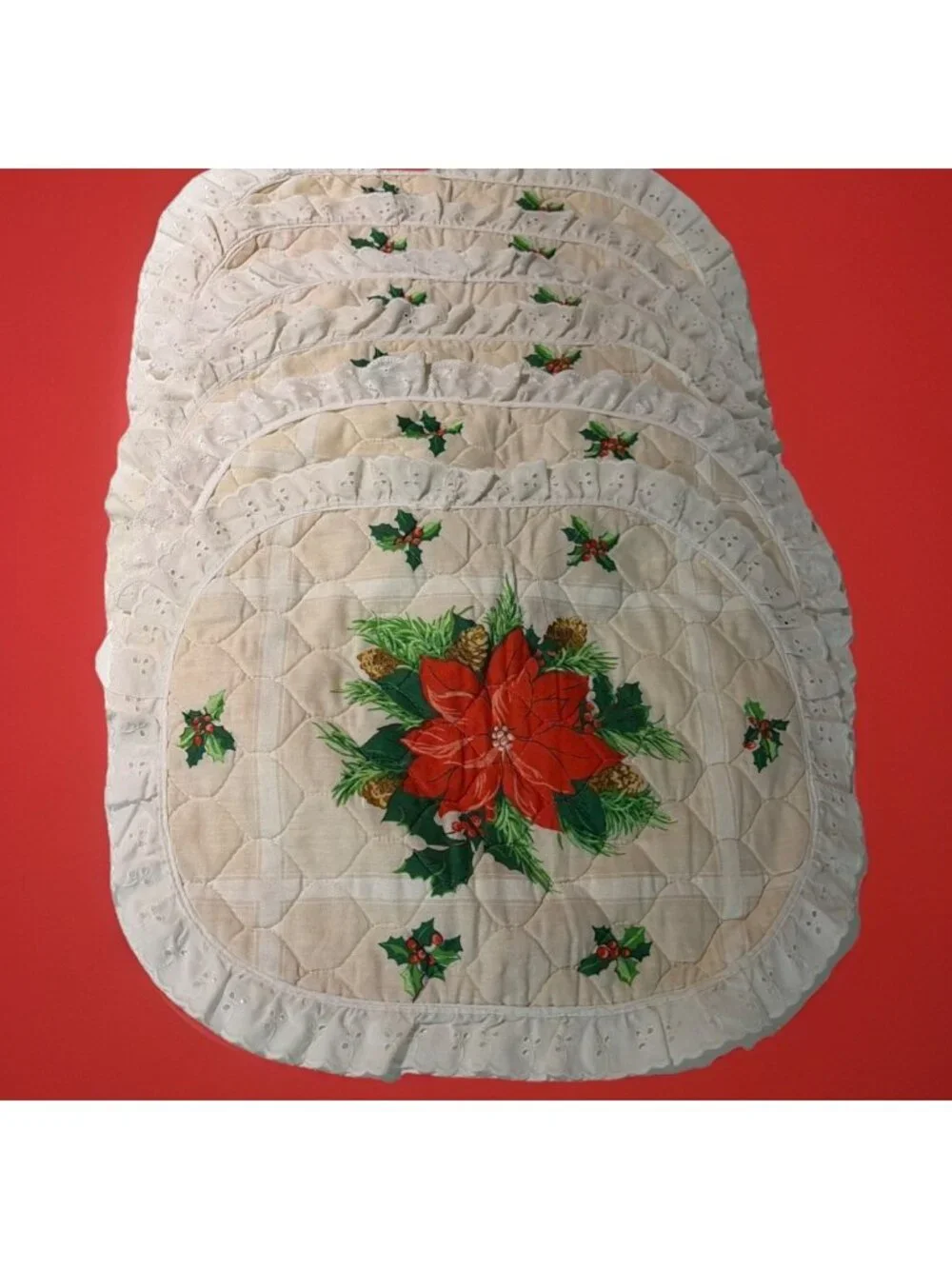 VTG Handmade Quilted Christmas Placemats Set of 6 Poinsettia Holiday Cottagecore